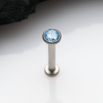 Detail View 1 of Implant Grade Titanium OneFit Threadless Gem Bezel Set Top Flat Back Stud Labret-Aqua